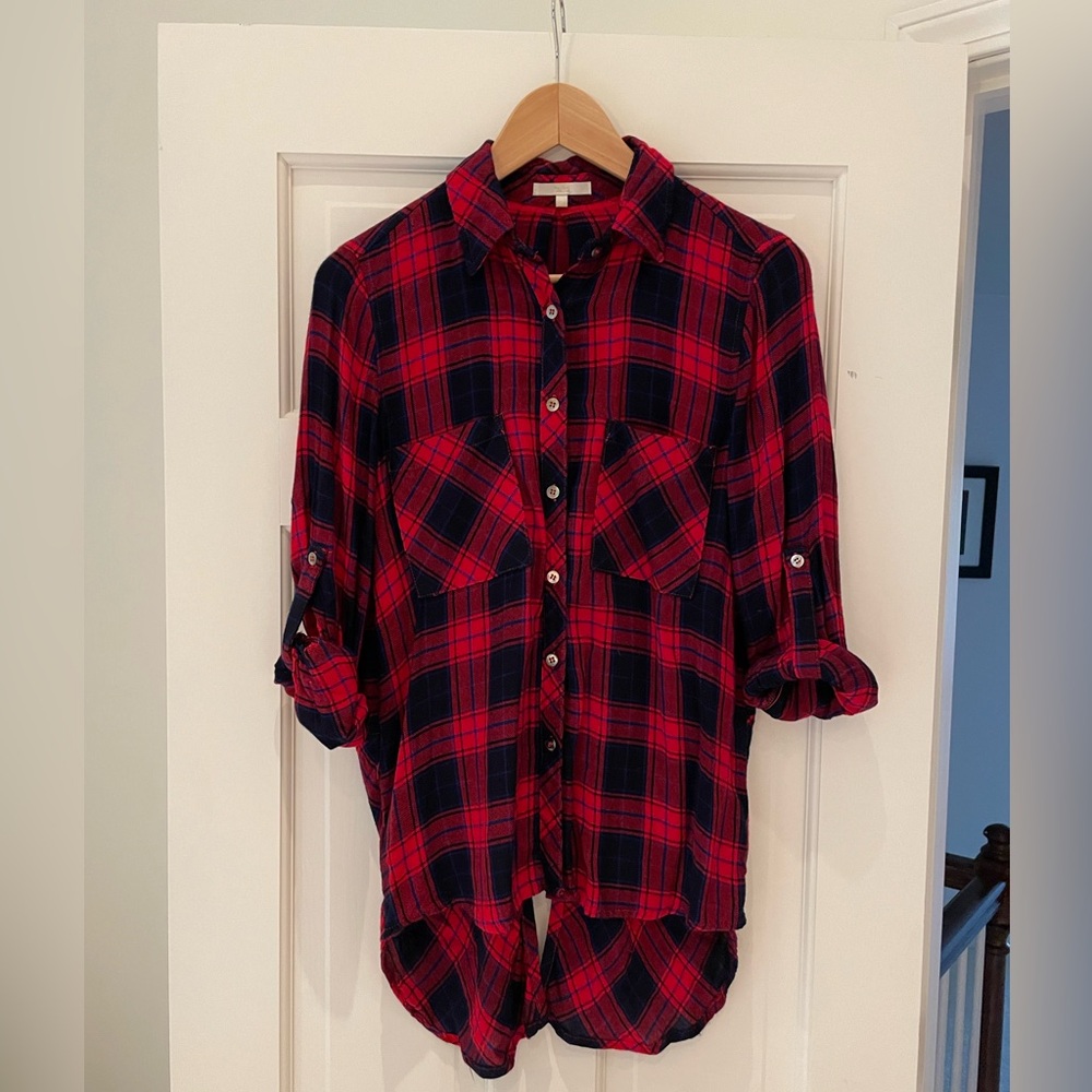 Laju plaid flannel hi-lo split hem button down shirt women’s small